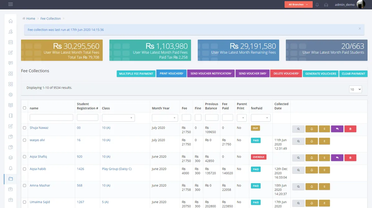 Ilmversity fee management screen with voucher and collection information